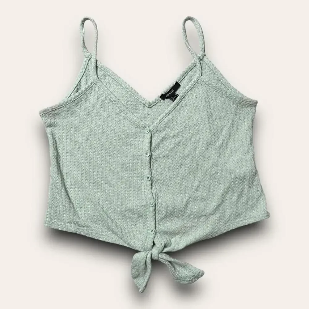 💟 2for$20 💟 Forever 21 Green Tie-Front Tank Top Buttons Waffle Knit Size M - Picture 1 of 4